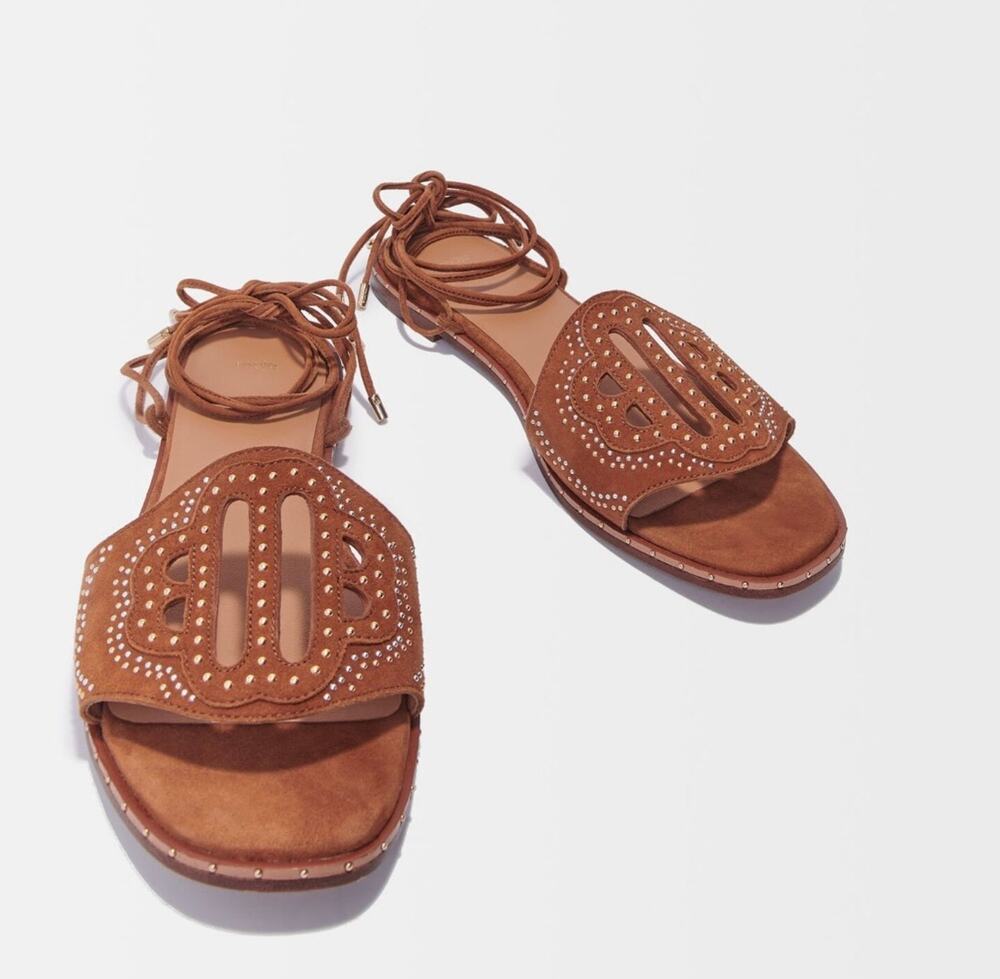 NEW MAJE Flat Studded Lace Up Sandals Camel size 37 / 6.5
